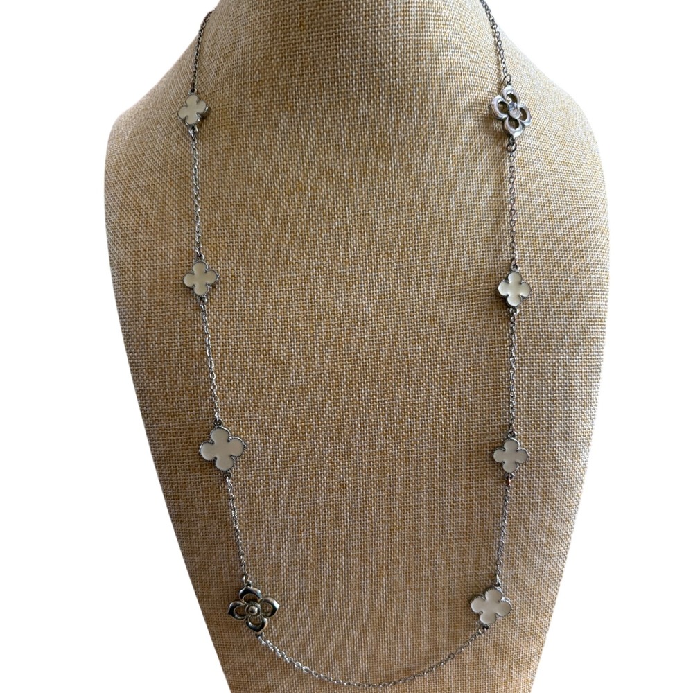 Silver Tone White Enamel Clover Station Necklace Long Adjustable Floral Crystal